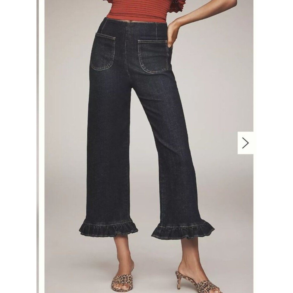 Maeve Colette Ruffle-Hem High-Rise Wide-Leg Cropped Jeans Sz 34